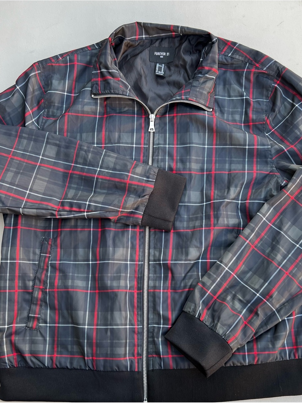 Forever 21 Men’s Black Plaid Bomber Jacket with Red Trim
